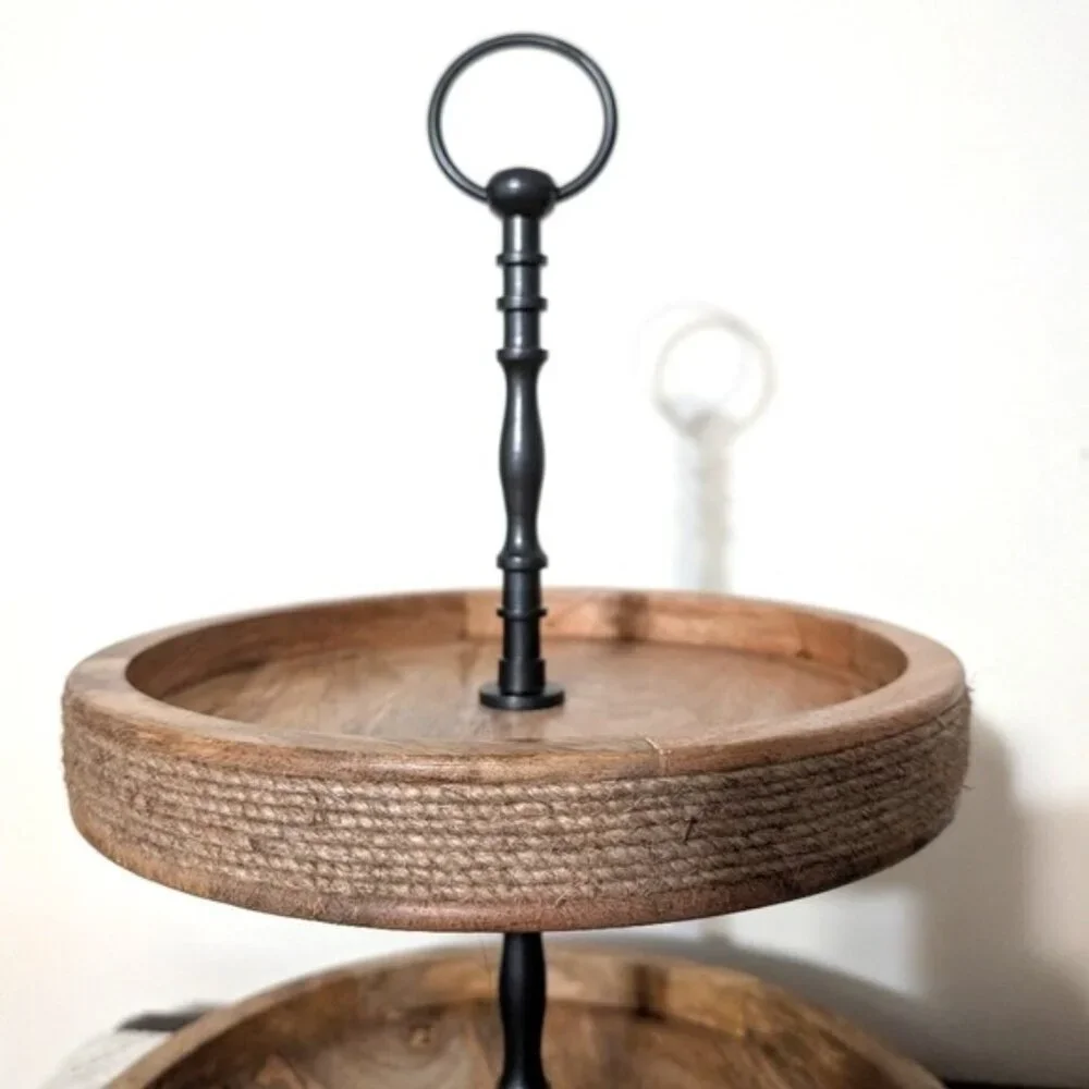 Two-Tiered Wooden Stand with Black Metal Handle 12